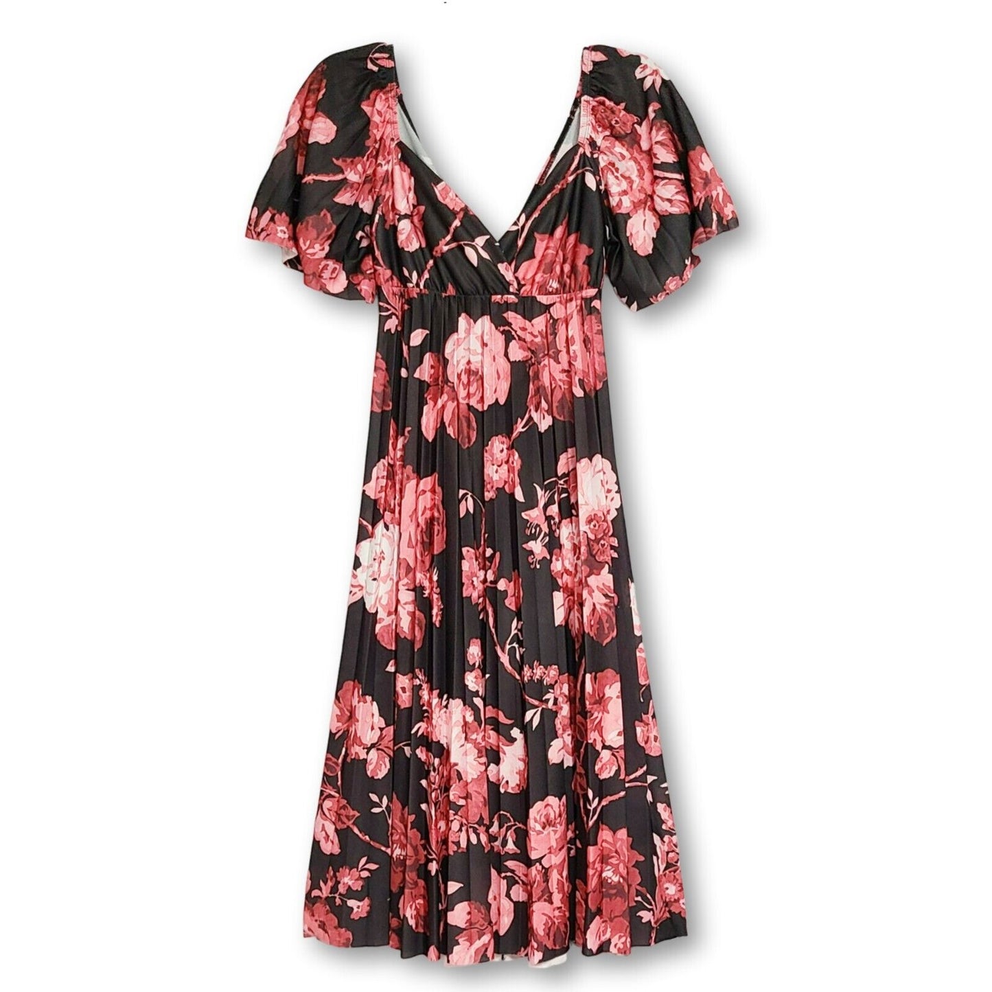 ASOS Floral Print Twist Cut Out Back Flatter Sleeves Pleated Midi Dress