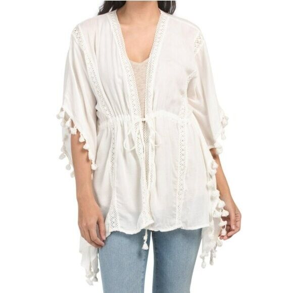 VINCE CAMUTO Lace Insert Tassel Trim Swim Cover-up Top