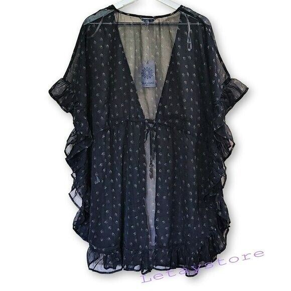 NWT Blue Island Plus Ruffle Trim Tie Front Printed Sheer Cover Up  1X,2X