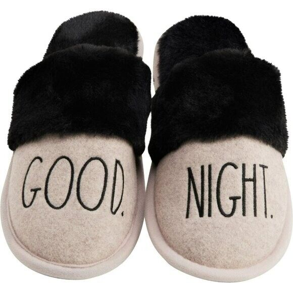 Rae Dunn Good Night Print Cozy Soft Fur Trim Slippers