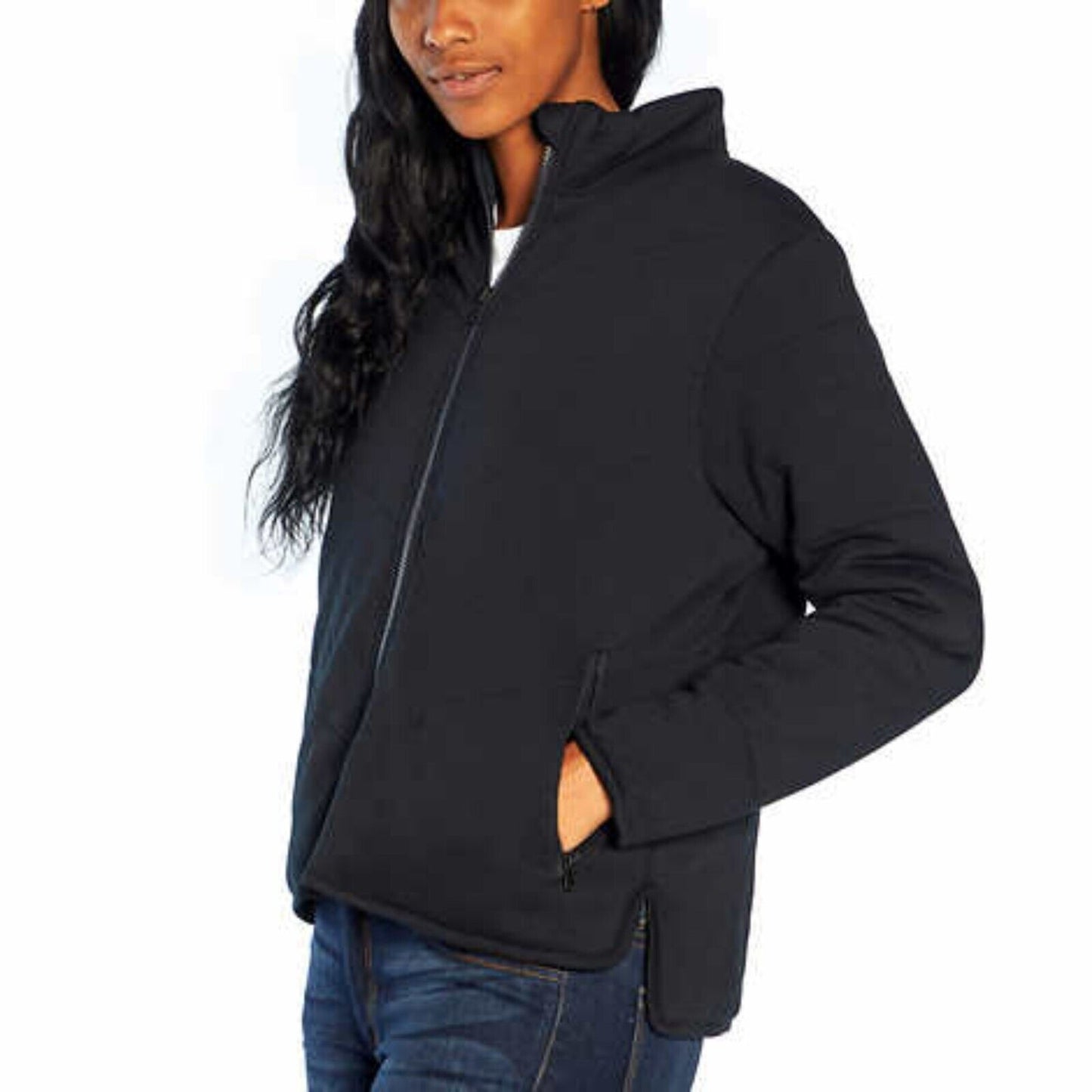 Three Dots Cozy Midweight Insulated Quilted High Low Hem Zip Jacket