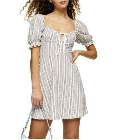 TOPSHOP Textured Stripe Puffed Sleeves Mini Dress
