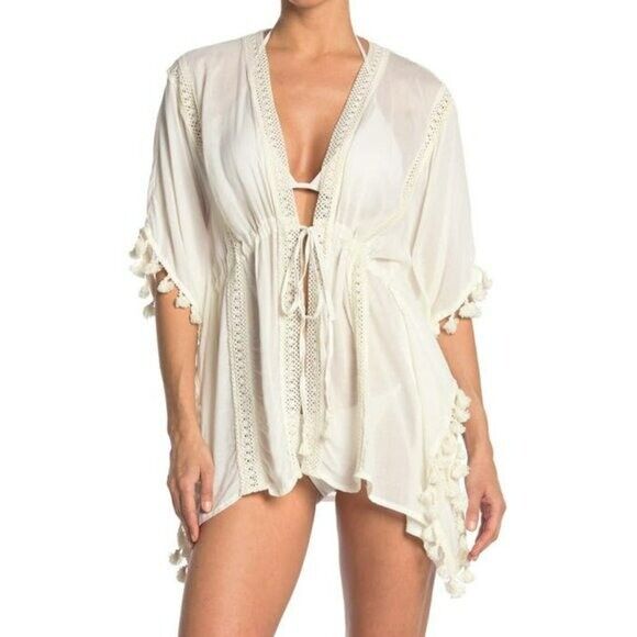 VINCE CAMUTO Lace Insert Tassel Trim Swim Cover-up Top