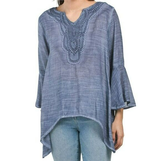 SPENSE Women's Boho Crochet Neck Bell Sleeve Relaxed Fit Blouse Tunic