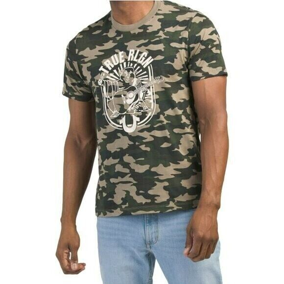 True Religion Men's Camo Print Arch Logo Tee Graphic Crew Neck T-Shirt Green