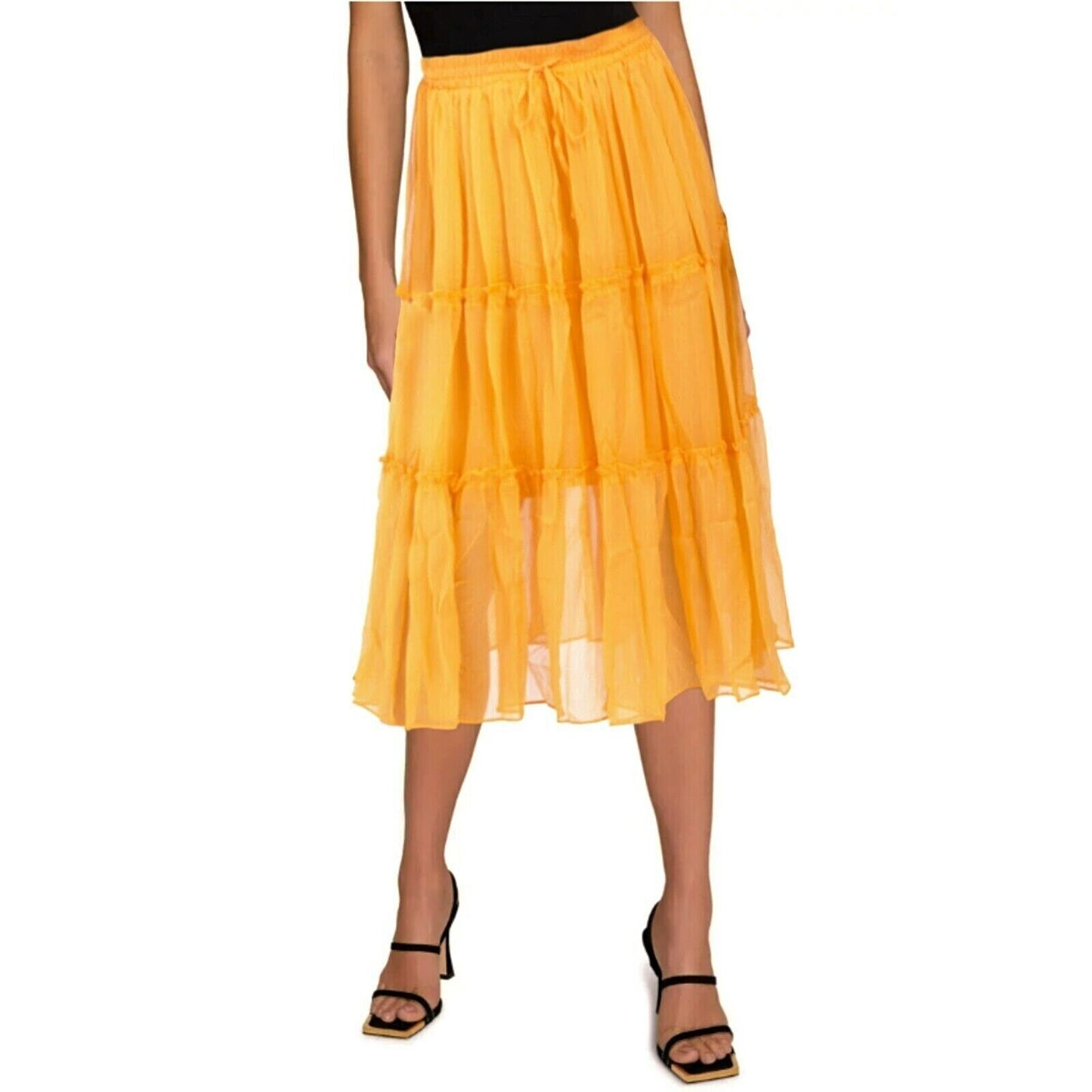 WDNY Tiered Sheer Overlay Ruffle Trim Elastic Waist Flowy Midi Skirt