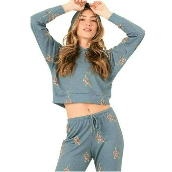 ONZIE Soft French Terry Crop Pale Cacti Tiger Hoodie and Joggers Collection