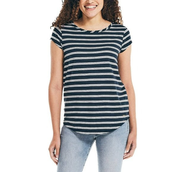 Nautica Women's Keyhole Back Soft Cotton Blend Stripe T-Shirt