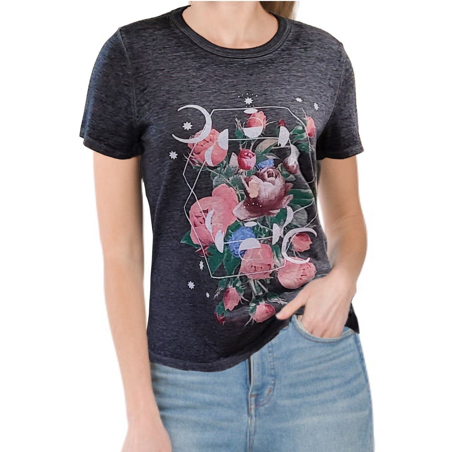 Lucky Brand Moon and Flowers Graphic Print Classic Cotton Blent T-Shirt