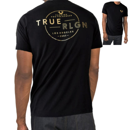 True Religion Men's Gold Metallic Graphic Logo Print Halo Crew Neck Tee Black