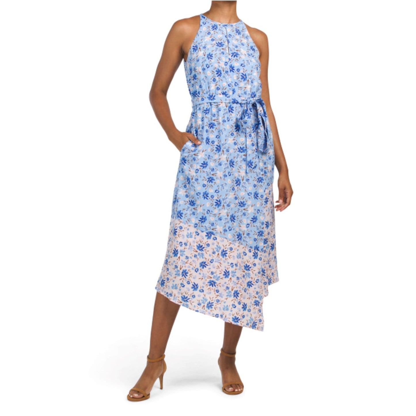 VINCE CAMUTO Mixed Floral Print Sleeveless Asymmetric Midi Dress