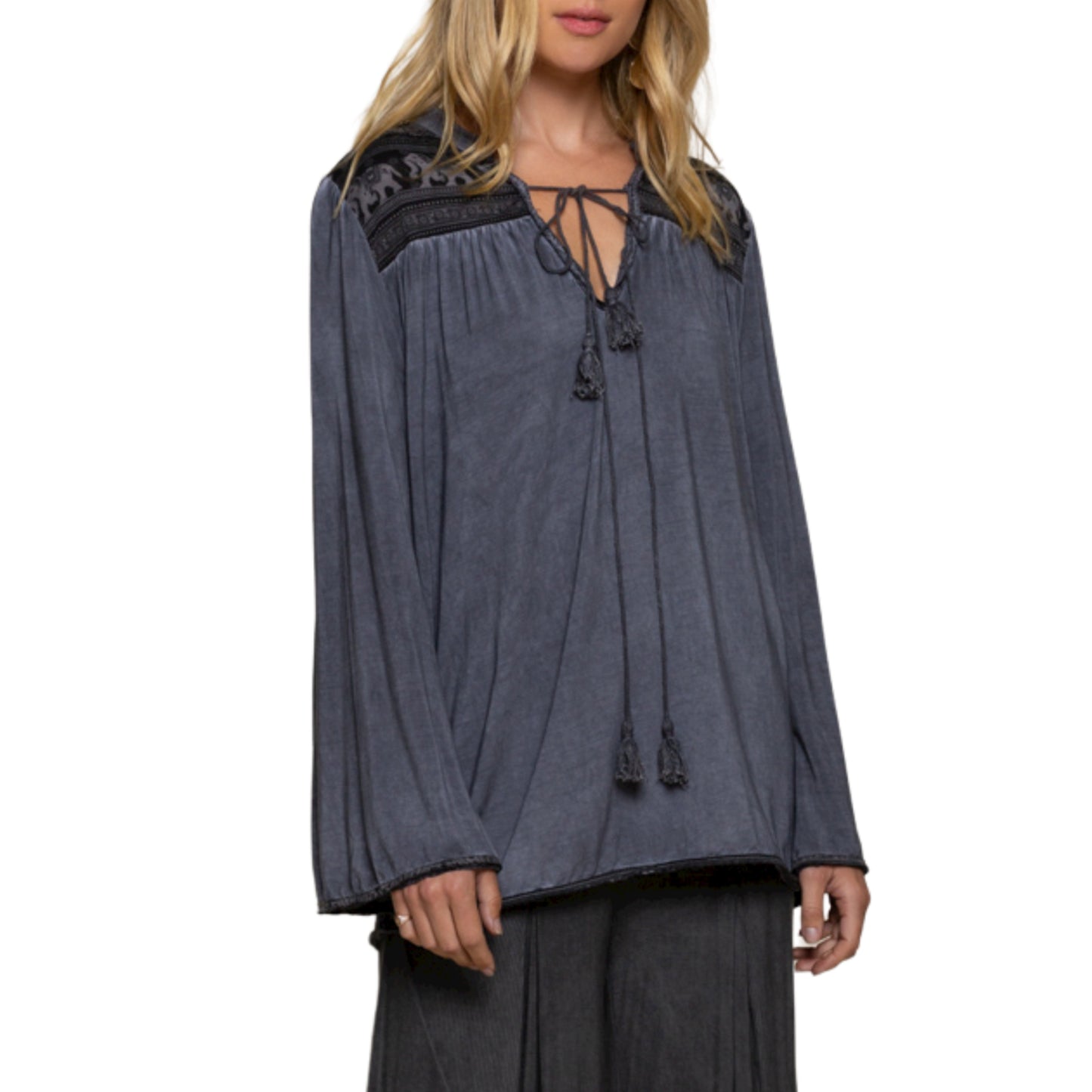 POL Boho Lace with Tassels Wide Sleeve Relaxed Fit Blouse Tunic Top