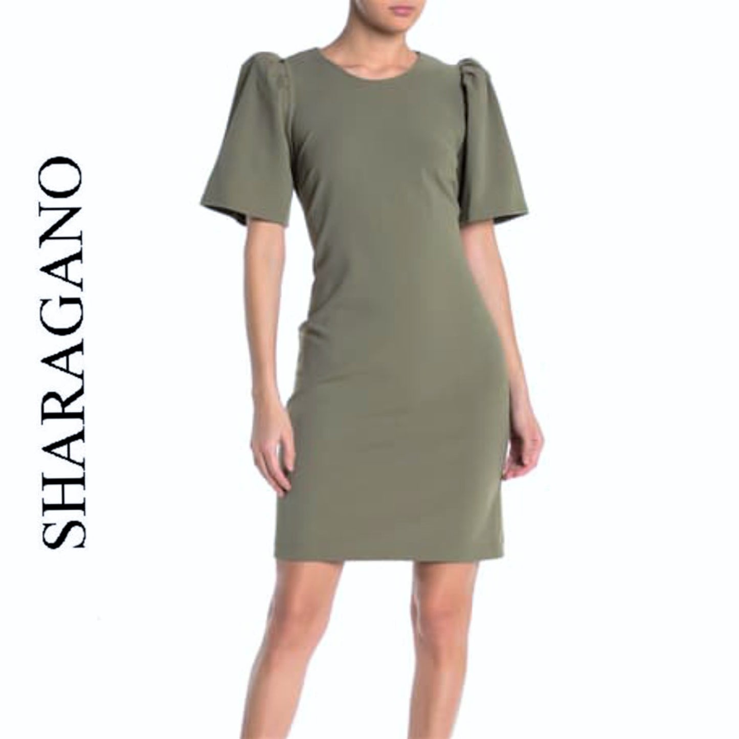 SHARAGANO Elbow Sleeve Shift Dress Olive