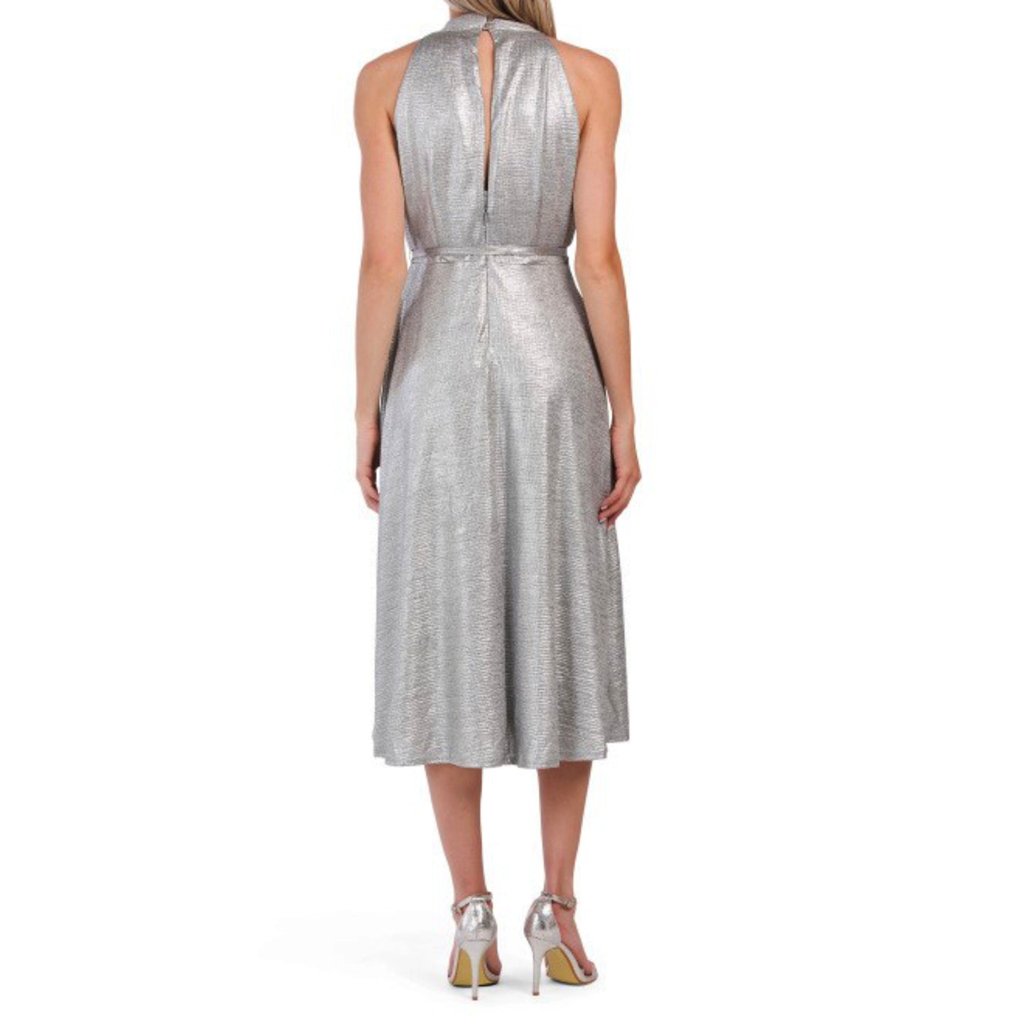 DONNA RICCO V-neck Metallic Shimmer Wrap Style Cocktail Party Midi Dress