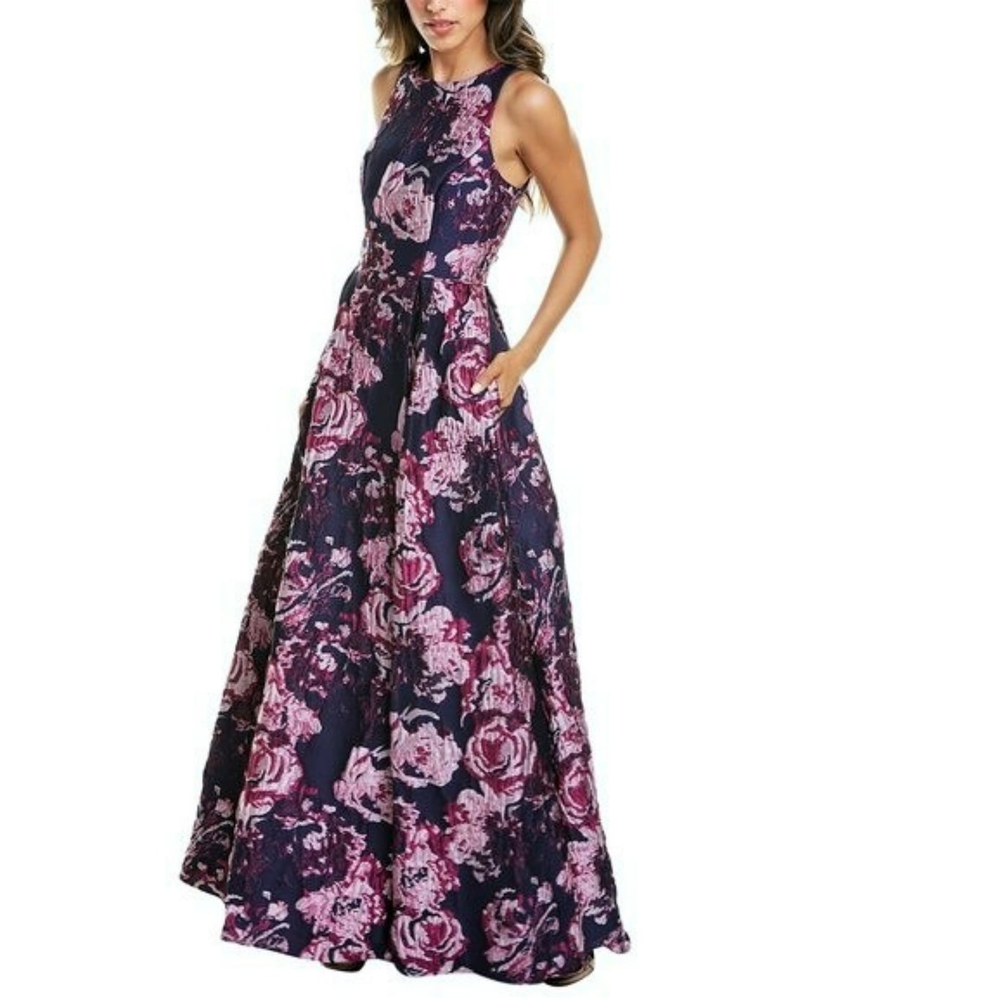 AIDAN MATTOX Jewel Neck Pleated Floral Gown Maxi Dress