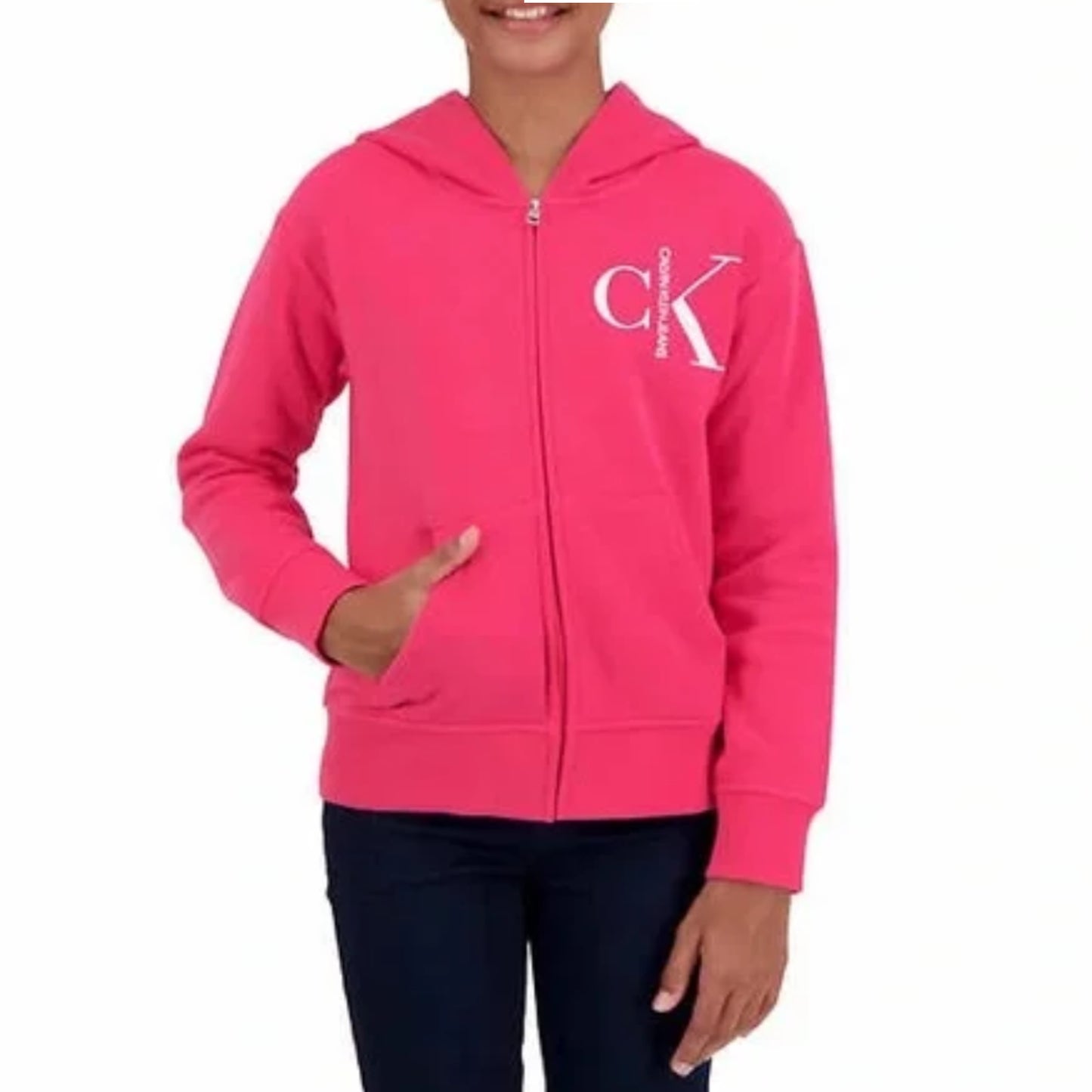 Calvin Klein Girl's Youth Full Zip Cotton Logo Print Hoodie