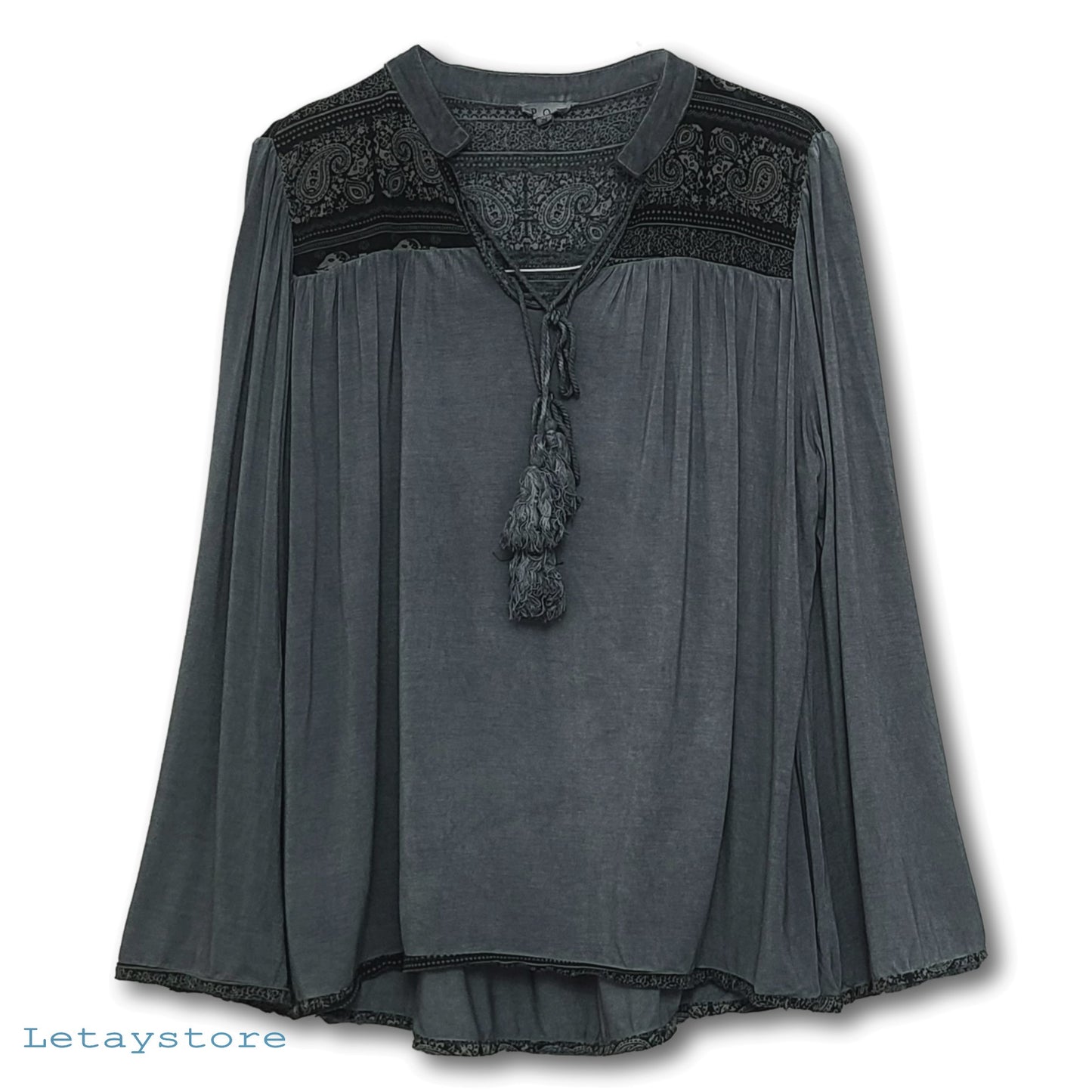 POL Boho Lace with Tassels Wide Sleeve Relaxed Fit Blouse Tunic Top