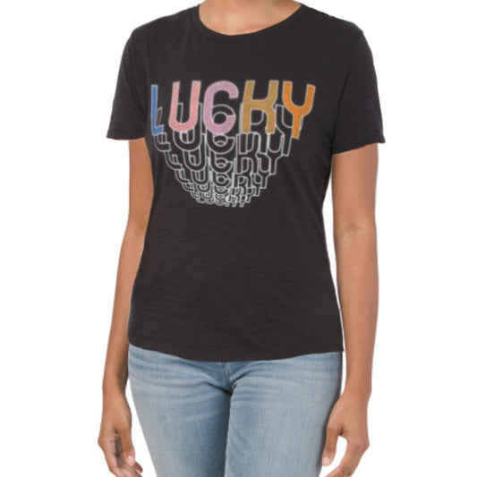 Lucky Brand Cascading Rainbow Lucky Graphic Print Soft Cotton T-Shirt Top