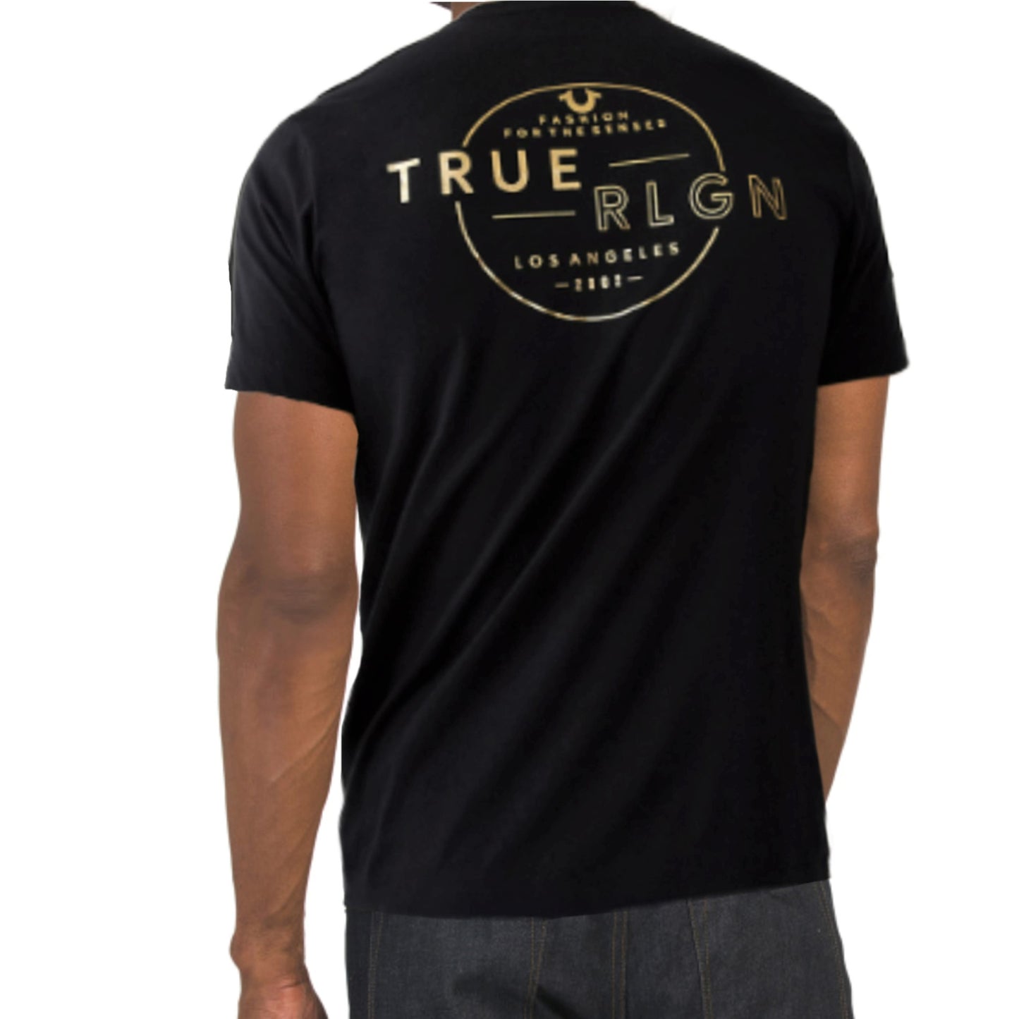 True Religion Gold Metallic Graphic Logo Print Halo Crew Neck Tee
