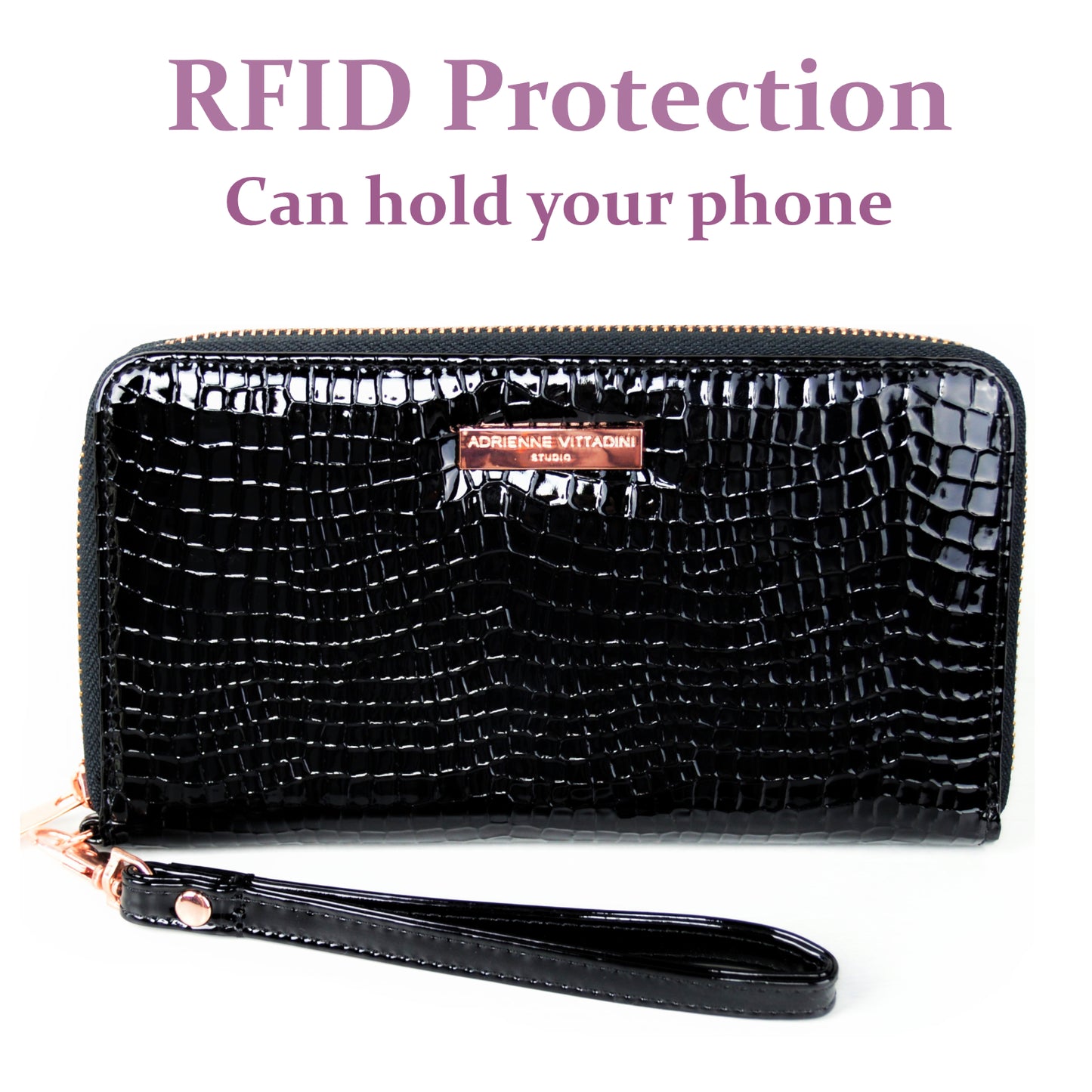 Adrienne Vittadini RFID Patent Croc Textured Wristlet Wallet Phone Case
