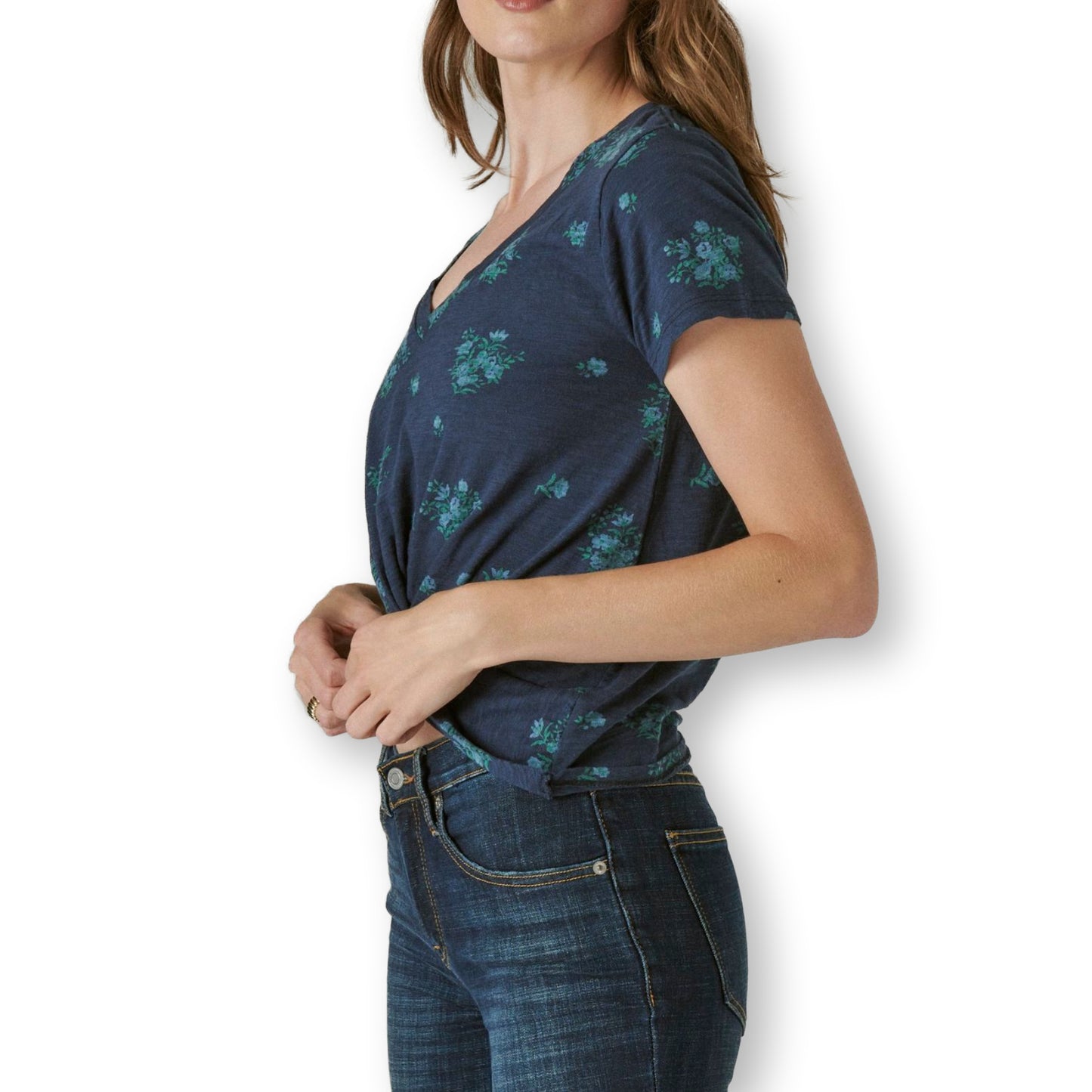 Lucky Brand Twist Front Floral Print Cotton T-Shirt