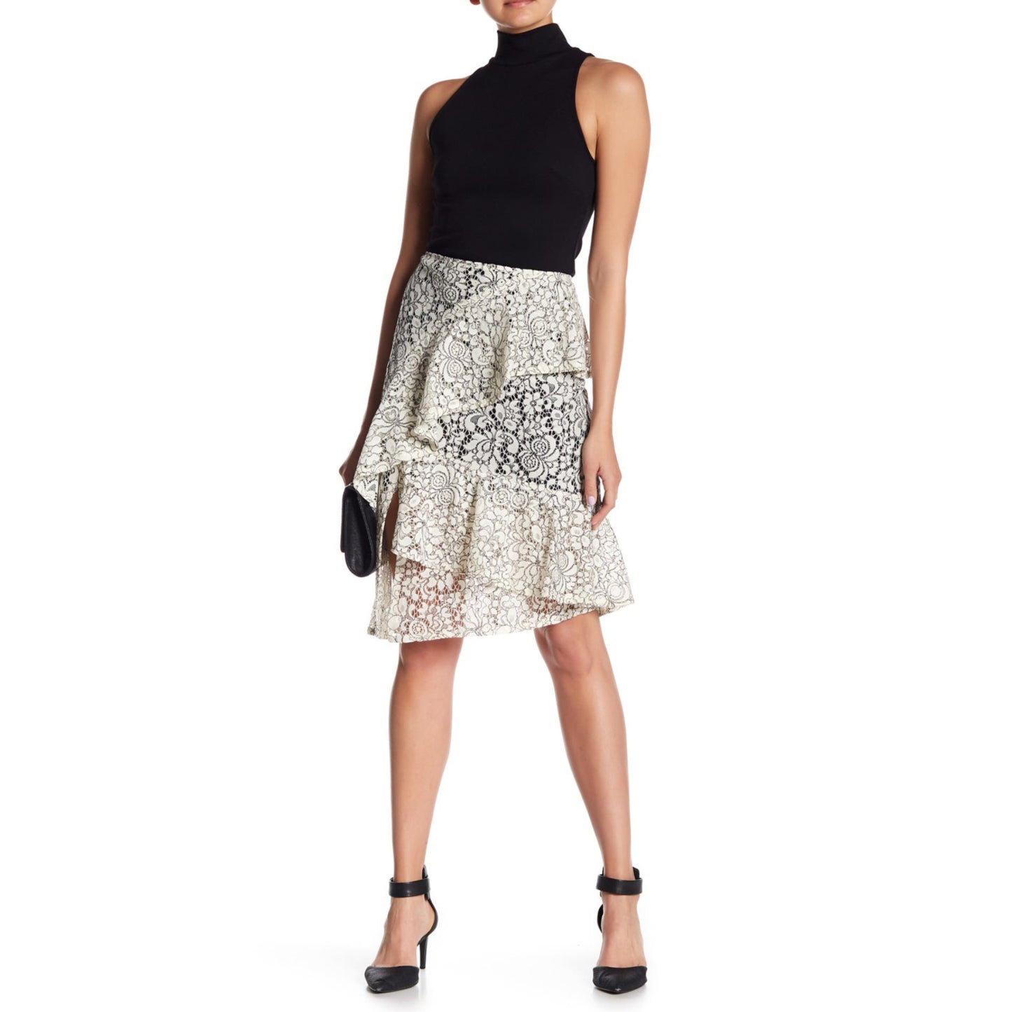 NANETTE LEPORE Lace Overlay Asymmetrical Ruffle Midi Skirt