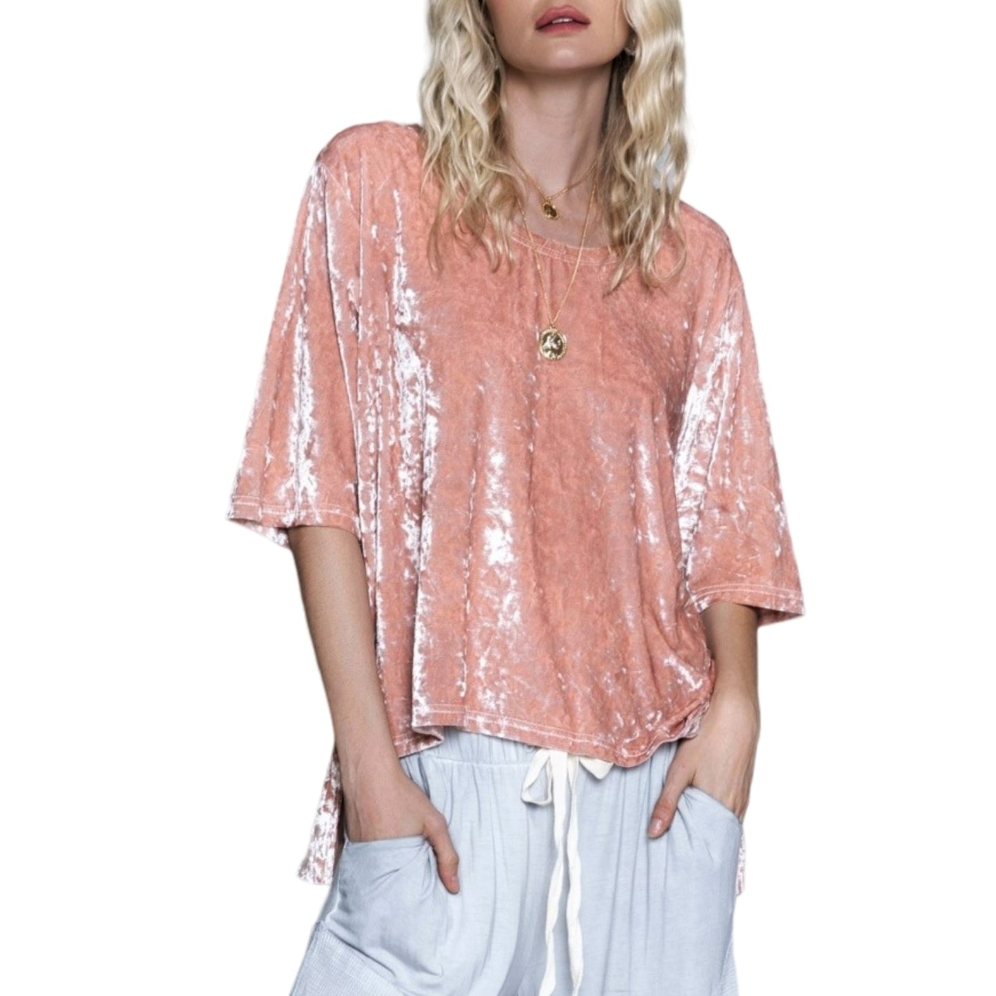 POL Crushed Velvet Hi-Low Hem Relaxed Fit Top