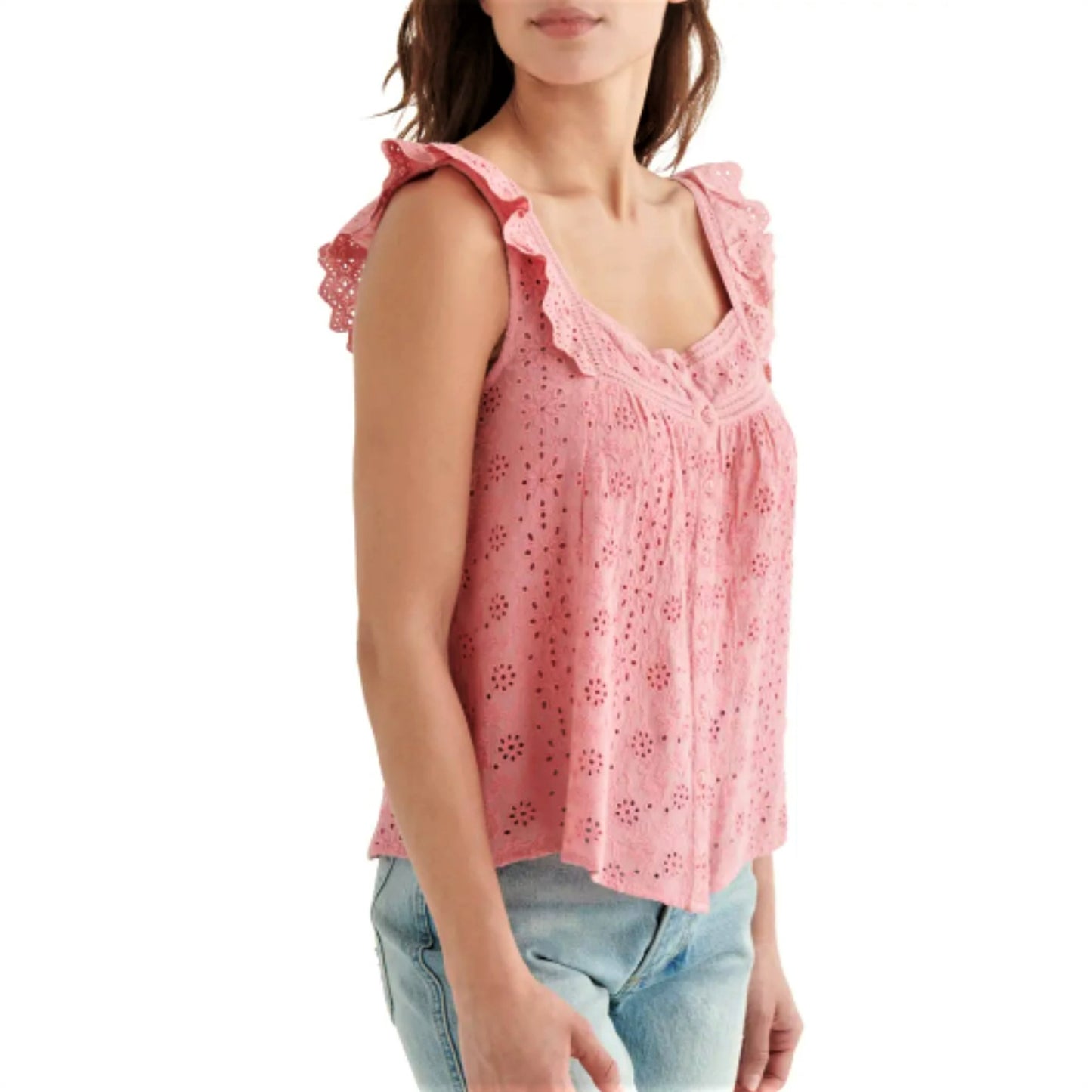 Lucky Brand Embroidered Ruffle Button Down Tank Top