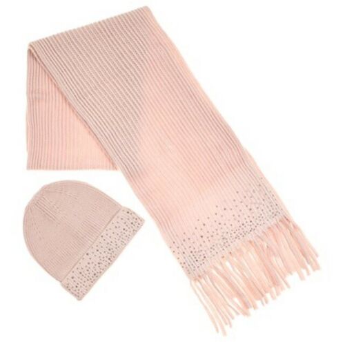 K.I.T Collection Women's Blush Crystal Stud Fringed Scarf & Hat Set with Gift Bo