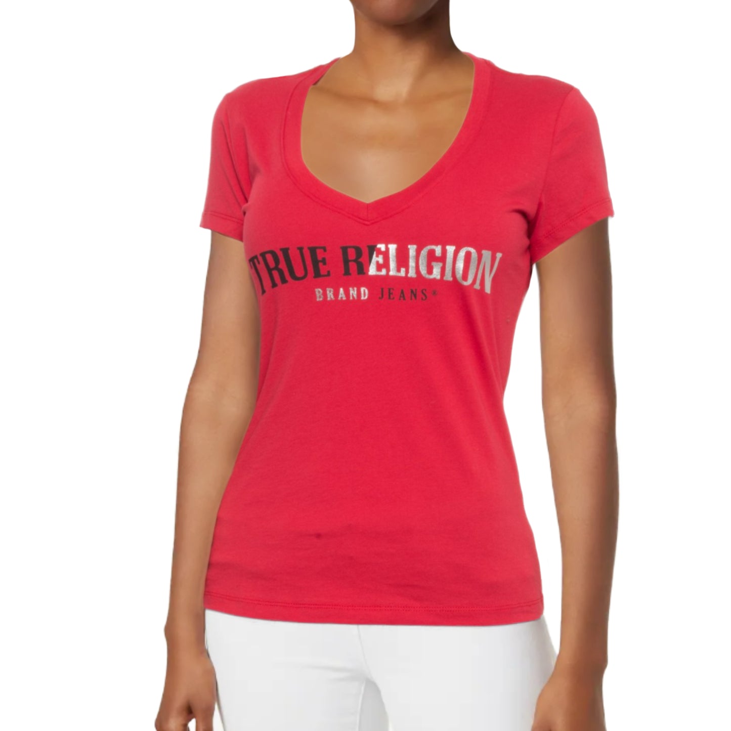 True Religion Logo Graphic Print Deep V-Neck Slim Fit T-Shirt Top