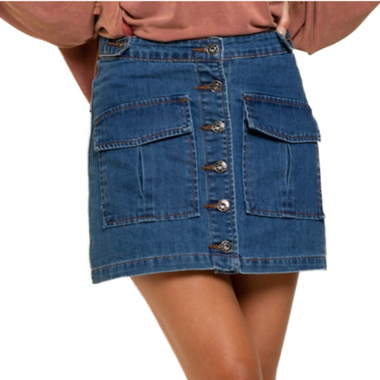 POL Button Front Two Flap Pockets Denim Mini Jean Skirt
