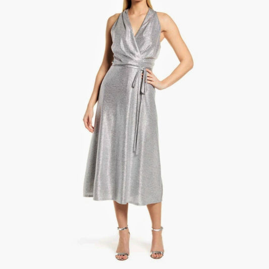 DONNA RICCO V-neck Metallic Shimmer Wrap Style Cocktail Party Midi Dress
