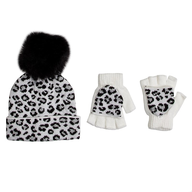Love2Design Girls  Age (4-6) Cheetah Print Knit Faux Fur Pom Hat with Flip Top Gloves Set
