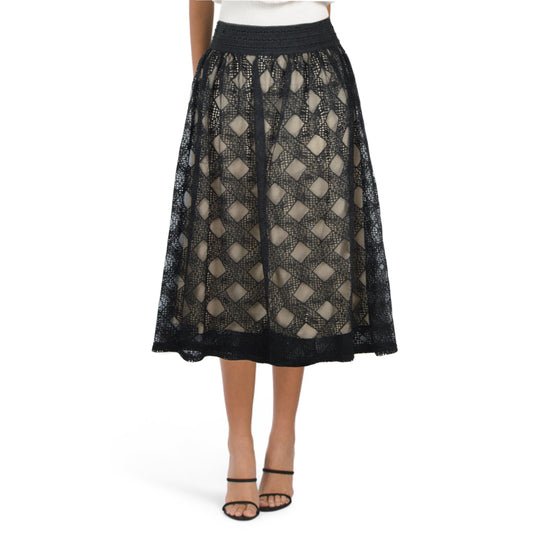 Metrowear Women's Diamond Crochet Lace Overlay Midi Skirt
