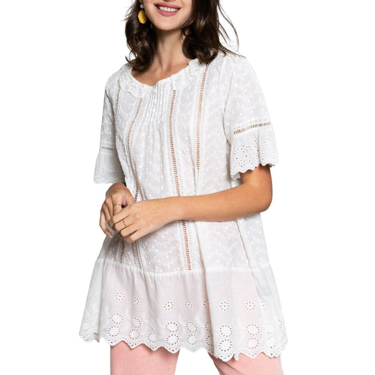 POL Boho Eyelet Embroidered Lace Ruffle Trim Blouse Tunic Top