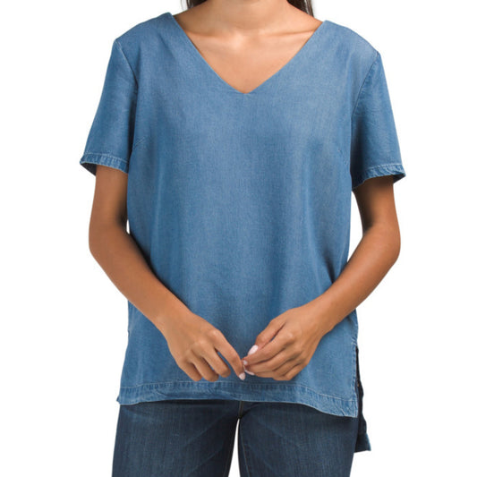 ELLEN TRACY Women's Denim Back Strap Relaxed Fit Tencel Tunic Top