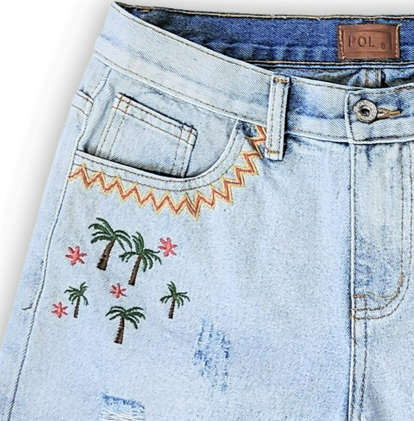 POL High Rise Embroidered Distressed Fringed Raw Hem Denim Shorts