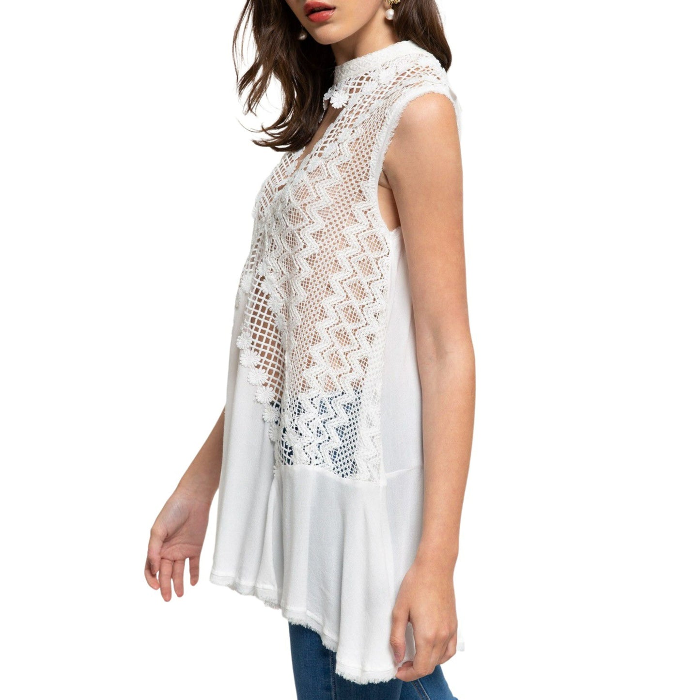 POL Crochet Lace High Neck with Keyhole Flowy Blouse Tunic Top