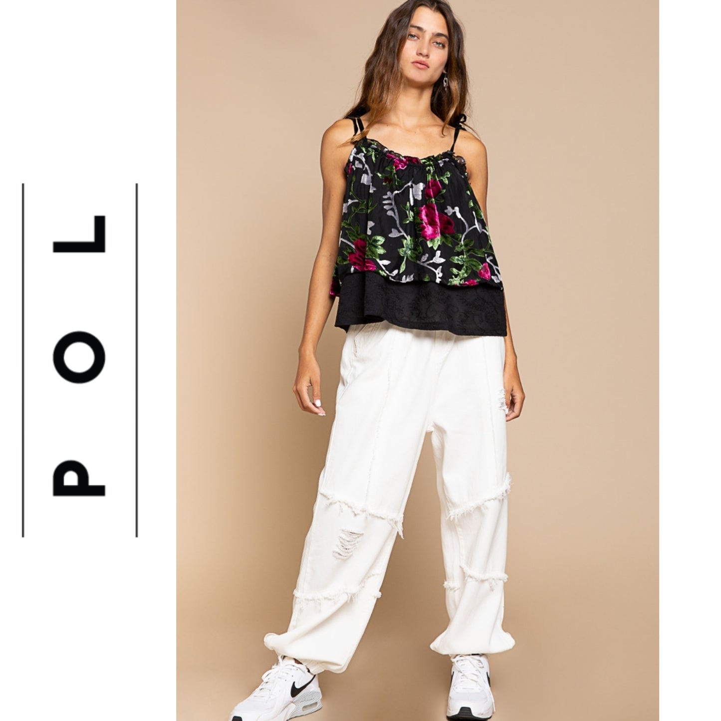 POL Flower Burnout Velvet Embroidered Double Layered Ruffle Trim Cami Top