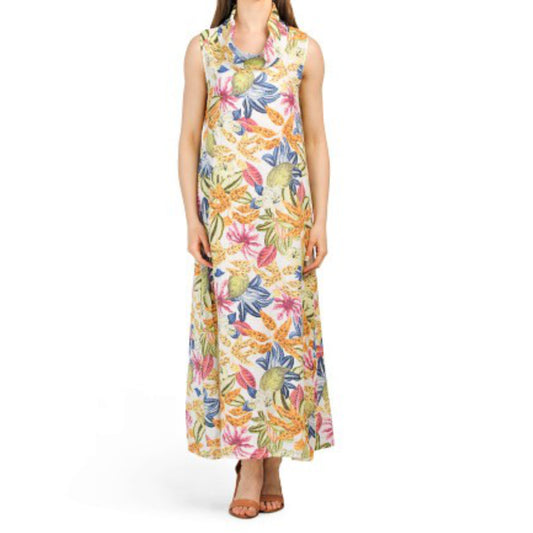 Francesca Bettini Women's Cowl Neck Tropical Print Linen Maxi Dress