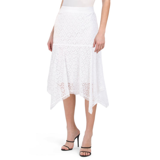 STUDIO WEST Lace Overlay Cotton Asymmetric Hem Midi Skirt