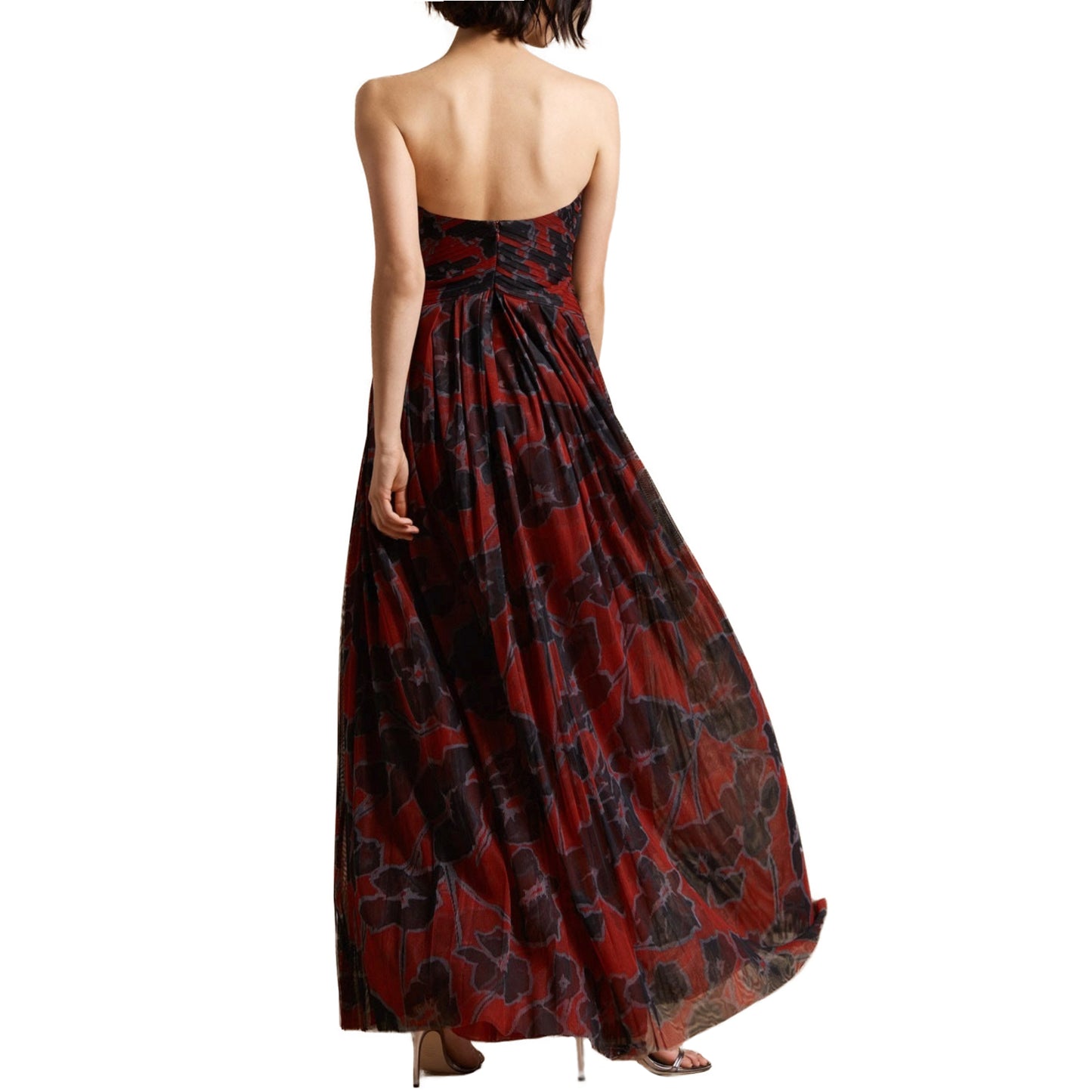 Halston Strapless Floral Printed Pleated Gown Maxi Dress
