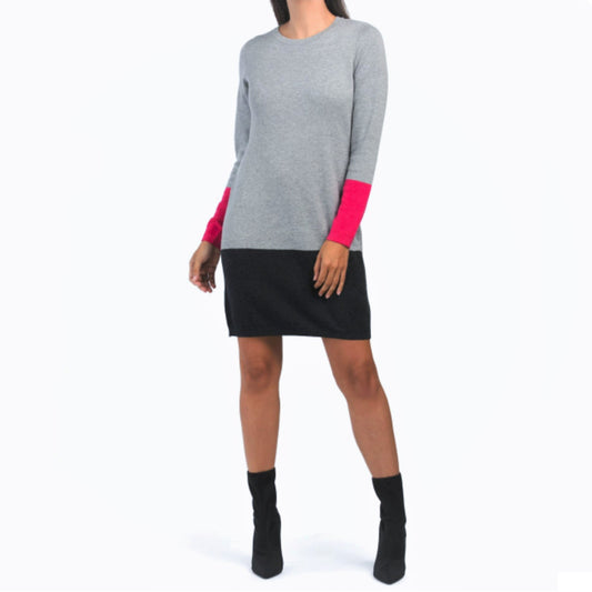 Nicole Miller Women's Crew Neck Cotton Knit Color Block Sheath Sweater Mini Dress