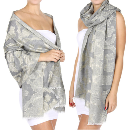 Pashmina Frayed Metallic Floral Print Shawl Evening Wrap