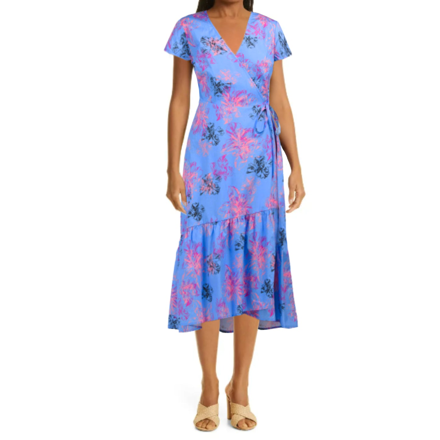 NEIMAN MARCUS Floral Print Ruffle Hi-Low Hem Cotton Wrap Midi Dress