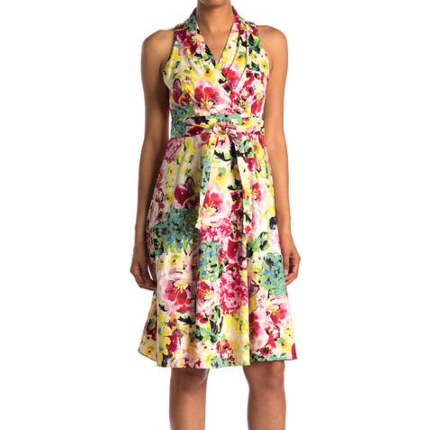 London Times Cotton Floral Print Belted Fit & Flare Dress