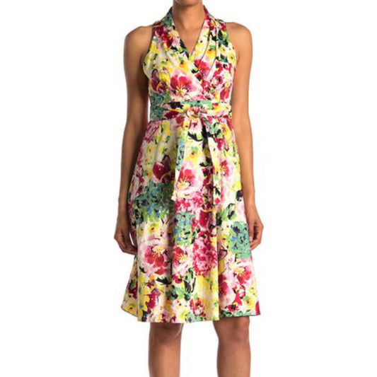 London Times Women's Cotton Blend Floral Print Belted Fit & Flare Midi Dress