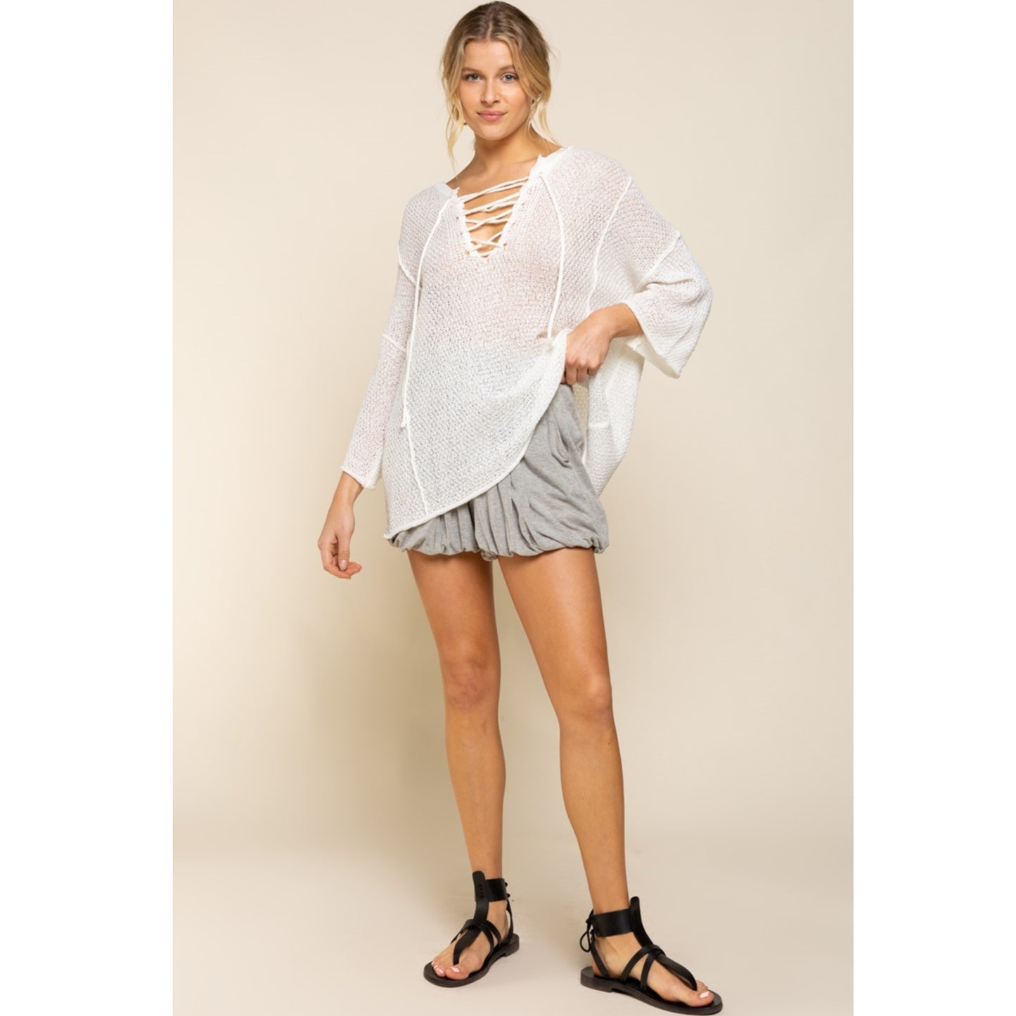 POL Lightweight Side Out Seam Raw Edge Sweater Top