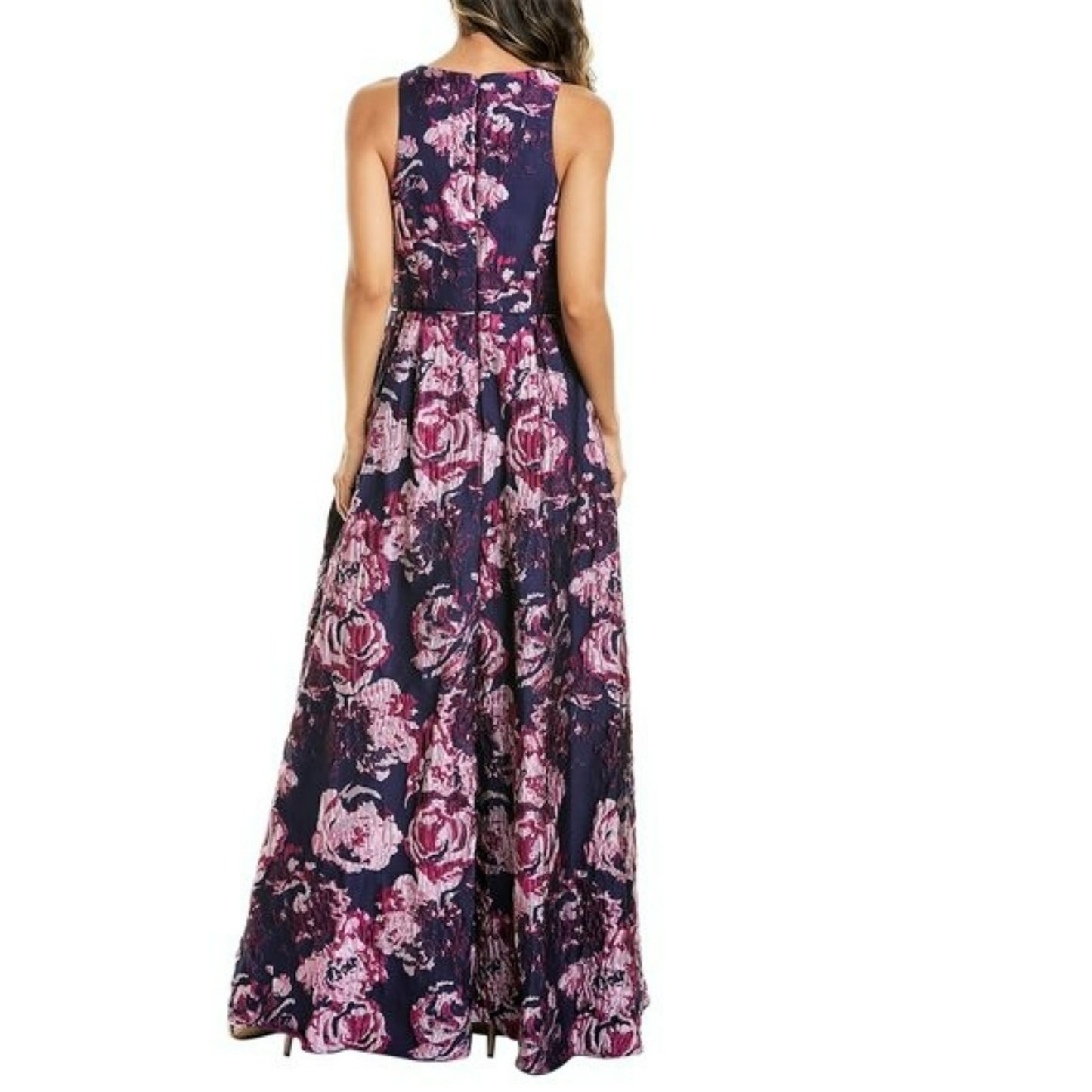 AIDAN MATTOX Jewel Neck Pleated Floral Gown Maxi Dress
