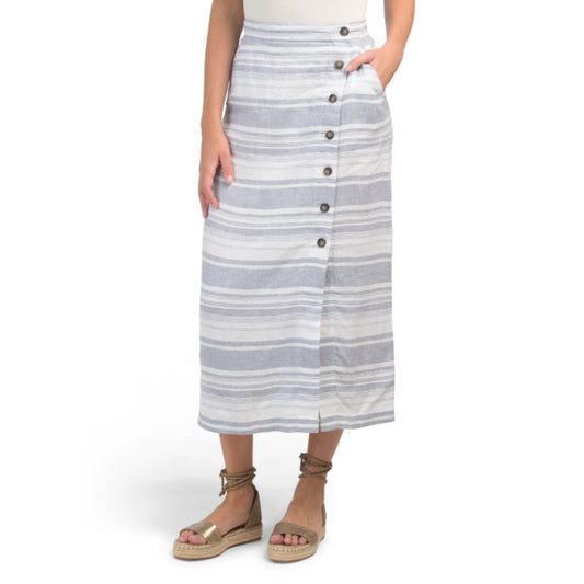 Cynthia Rowley Women's Linen Yarn Dyed Striped Button Front Midi Skirt
